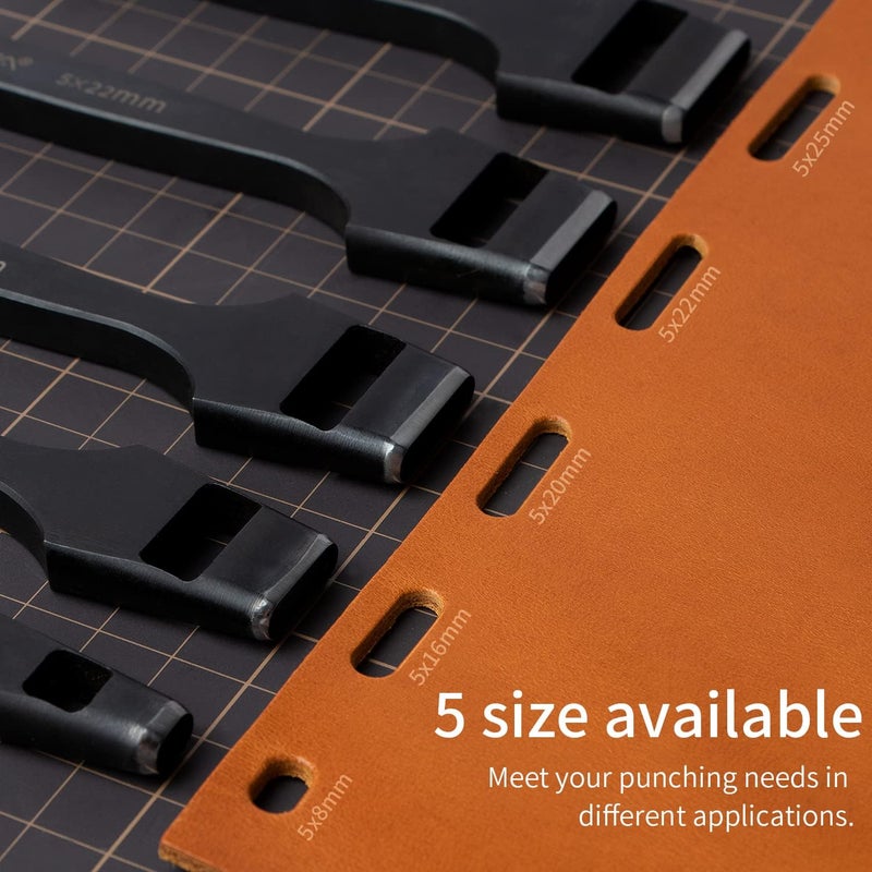 WUTA 5 Pcs Leather Belt Hole Puncher Oval Cutter Strap Watch Band Flat Punches Heavy Duty Oblong Tools for Leathercrafting (5 * 8+5 * 16+5 * 20+5 * 22+5 * 25mm) - Image 5